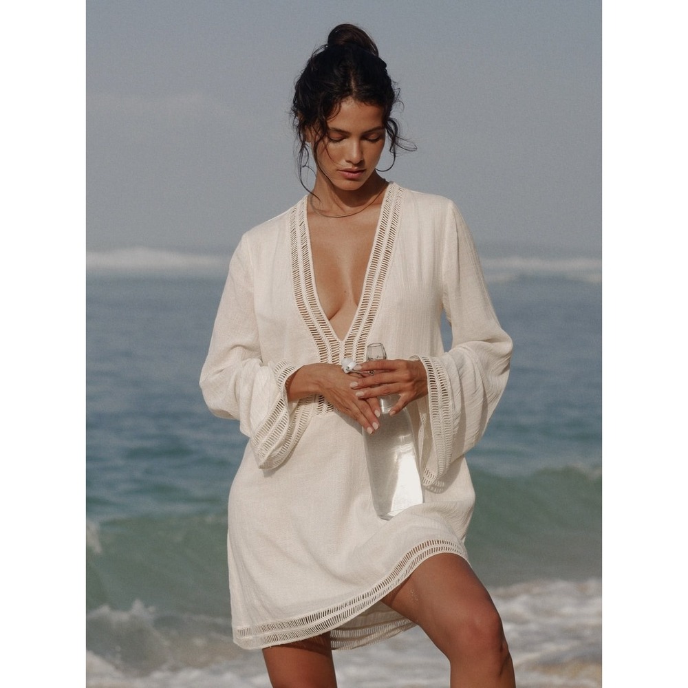 The Handloom Positano Dress Cream S/M Turkish Cotton Boho Beach Coverup Mini
